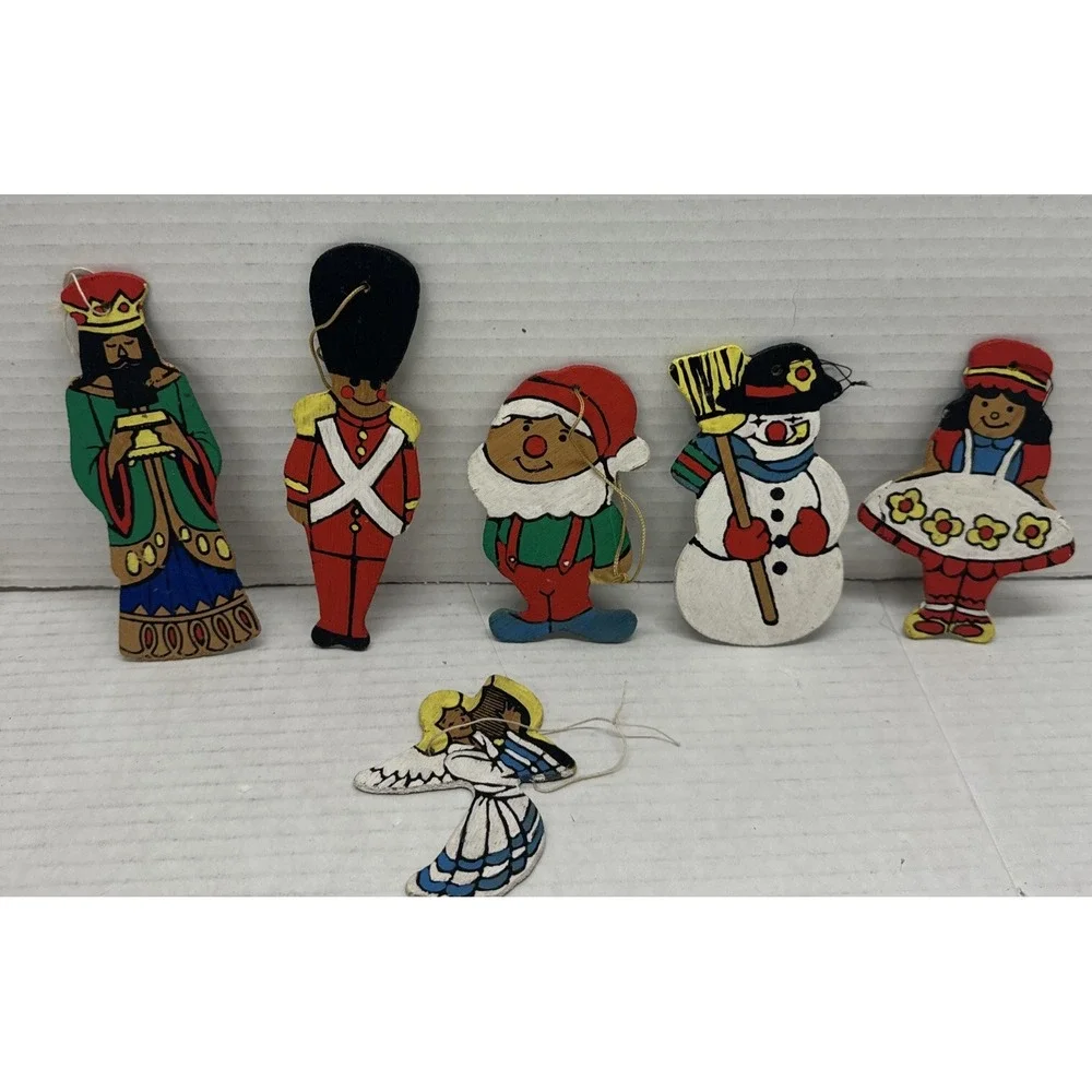 Flat Wood Double Sided Christmas Ornaments Hand Painted Set of 6 Vintage